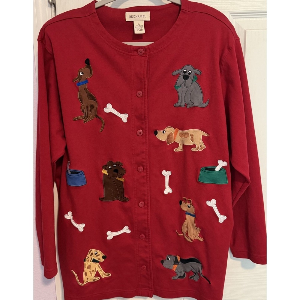 Vintage Grandma Dogs Sweater XL Red 100% Cotton Jacket Bones Novelty‎ Bechamel